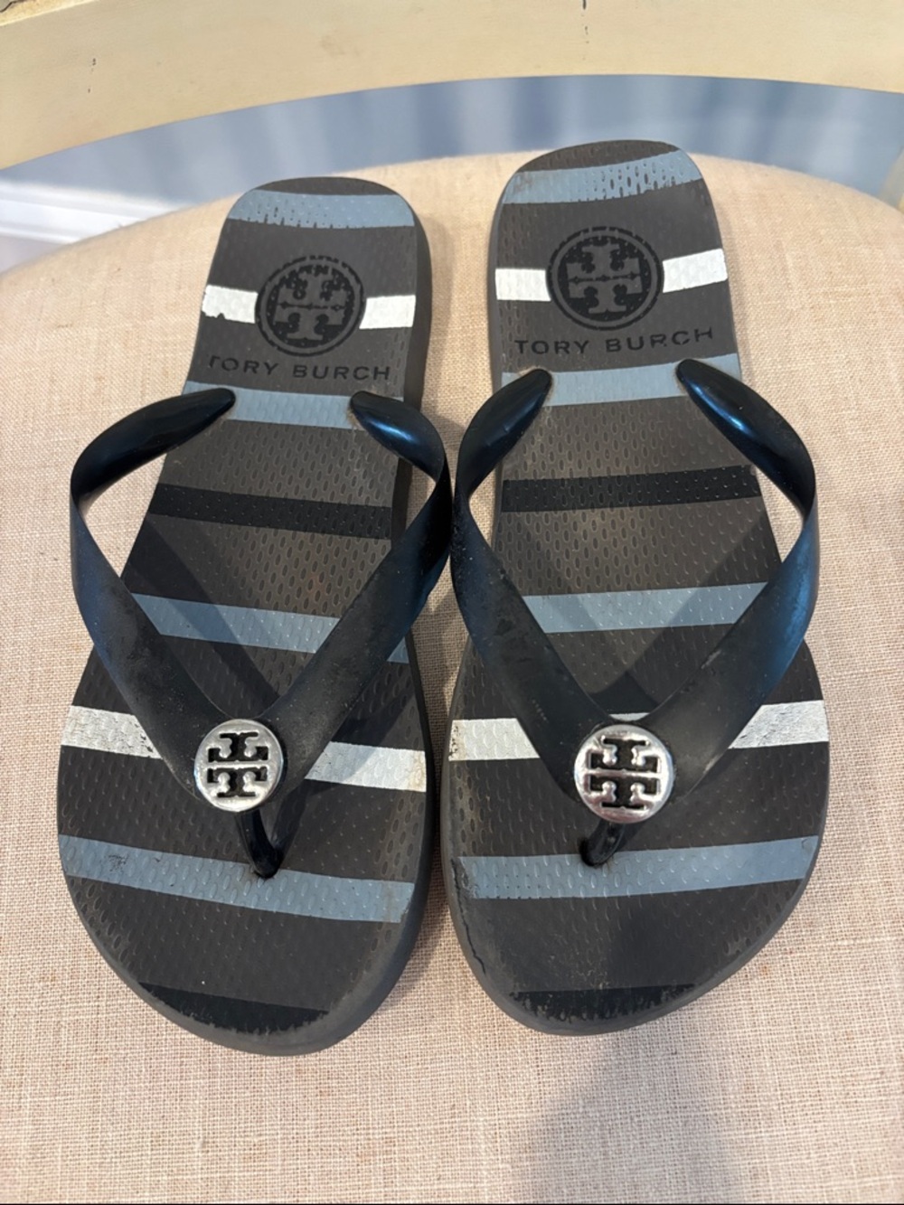 Tory Burch Gray Striped Logo Flip Flops